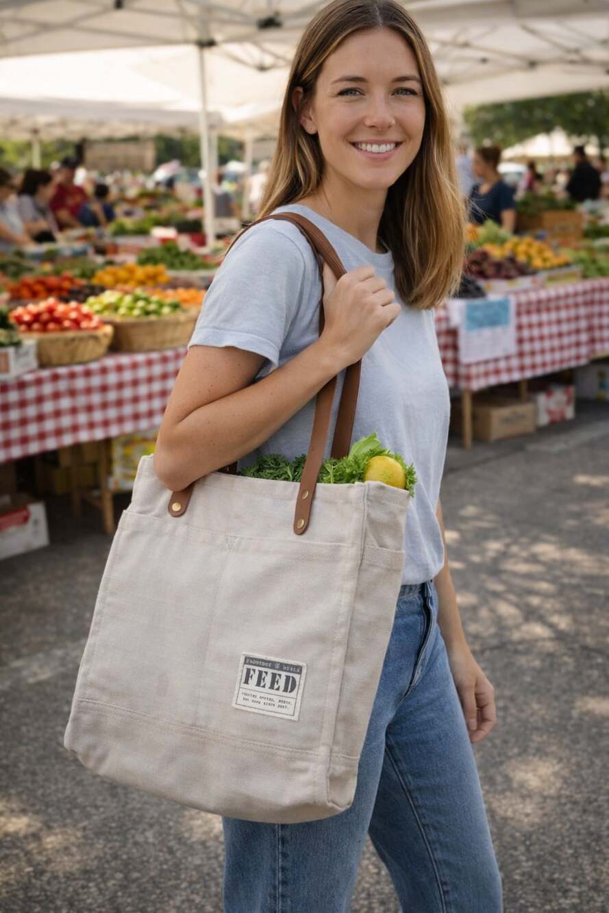 FEED Glacier Grey Canvas Market Tote Bag with Leather Straps